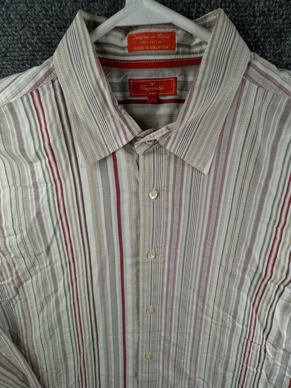 Faconnable Cotton Long Sleeve Button Up Shirt Men Striped Large Beige Colorful